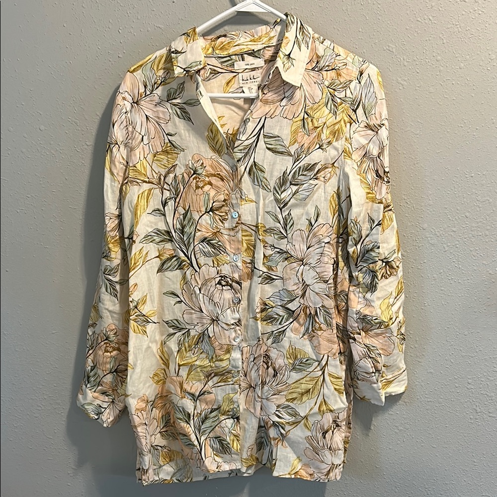 Nicole Miller Linen Floral Button Down‎ Shirt Longline
